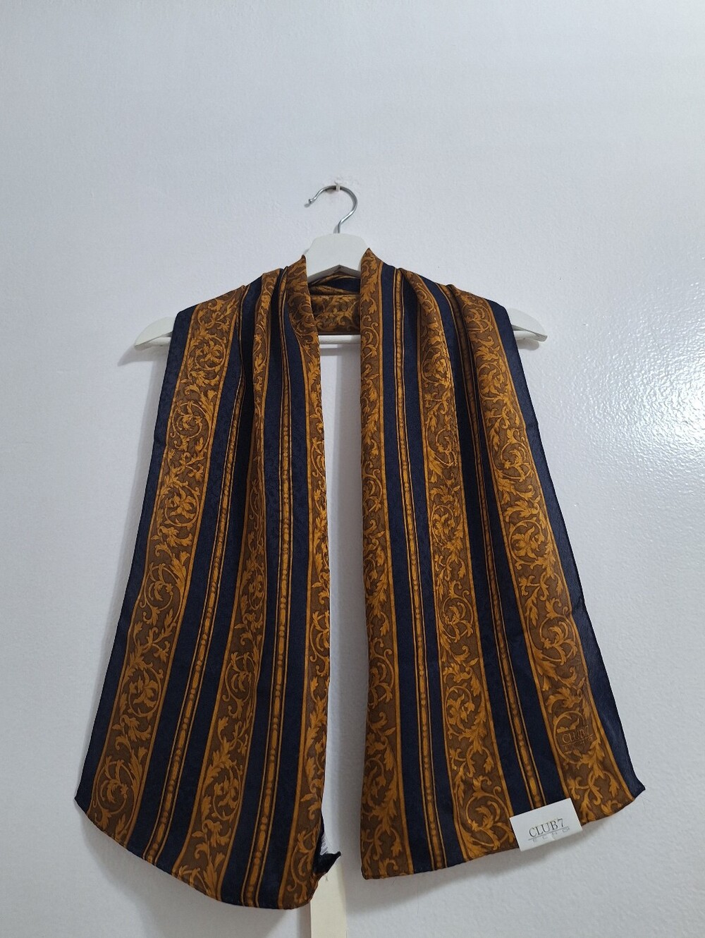 NWT Club 7 Echo Vintage Silk Navy and Mustard Striped Floral Scroll Scarf
